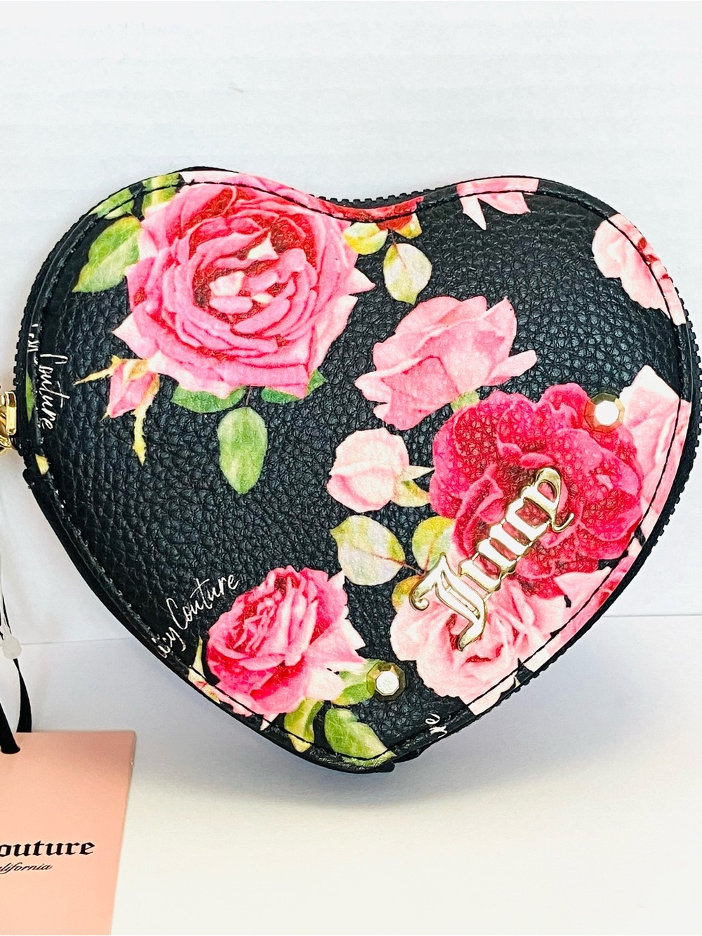 Juicy Couture Heart Shaped Pink Floral Zip Wristlet New Faux Leather